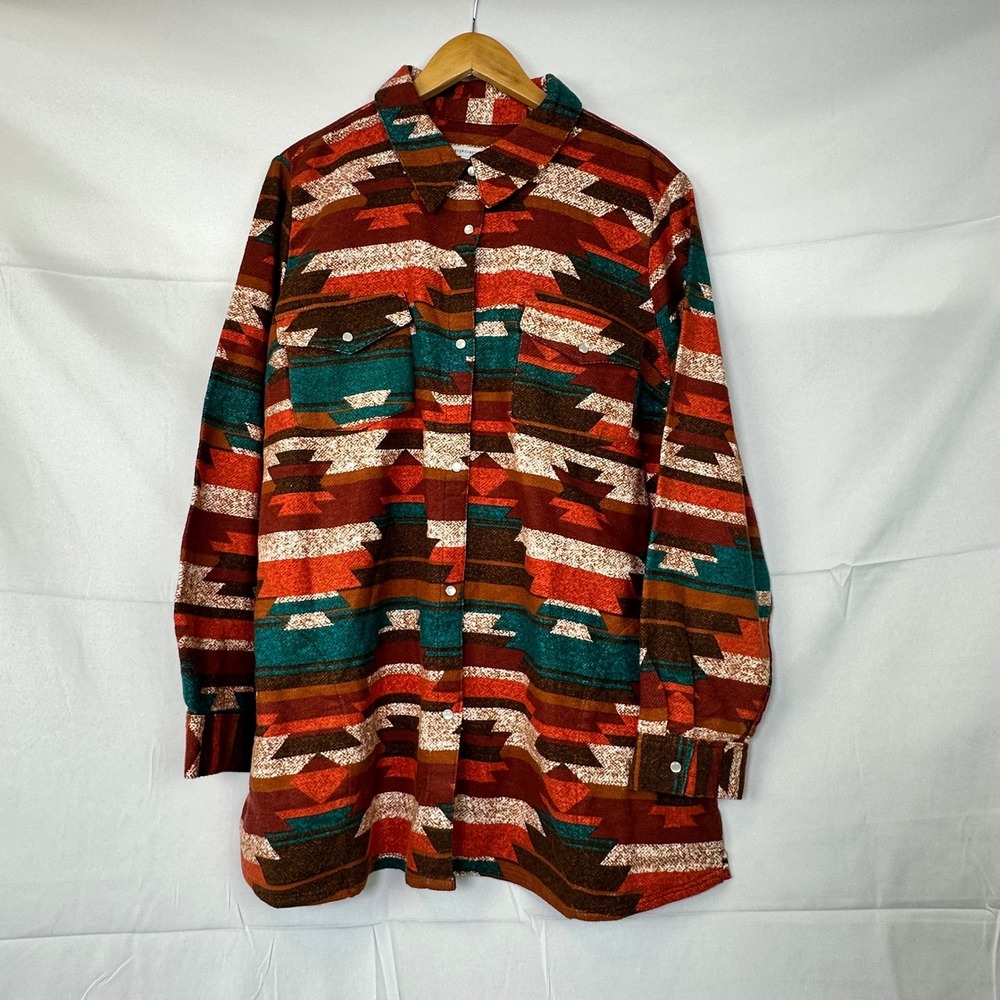 Canyon Retreat Southwestern‎ Aztec Flannel Western Snap Buttons Shirt Women's 2X